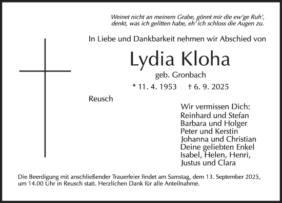 Traueranzeige von Lydia Kloha von Neustadt/ Scheinfeld/ Uffenheim