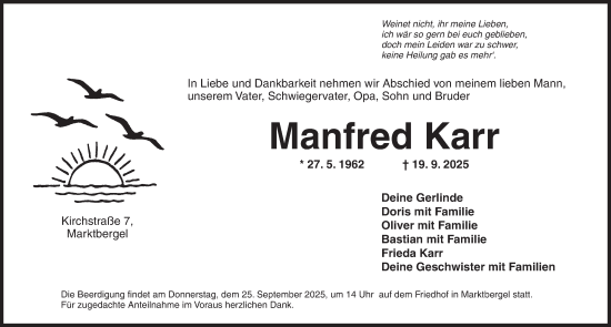 Traueranzeige von Manfred Karr von Neustadt/ Scheinfeld/ Uffenheim