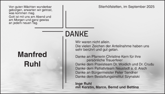 Traueranzeige von Manfred Ruhl von Neustadt/ Scheinfeld/ Uffenheim