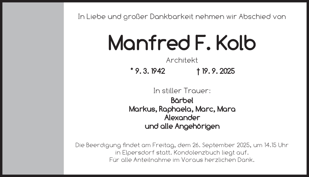  Traueranzeige für Manfred F. Kolb vom 24.09.2025 aus Ansbach