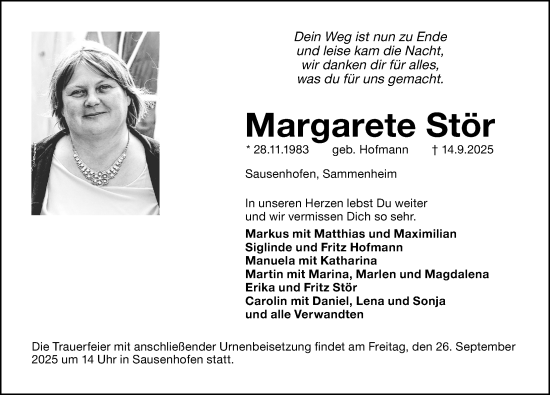 Traueranzeige von Margarete Stör von Ansbach