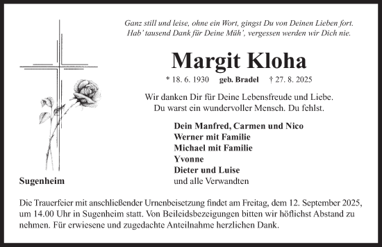 Traueranzeige von Margit Kloha von Neustadt/ Scheinfeld/ Uffenheim