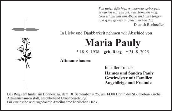 Traueranzeige von Maria Pauly von Neustadt/ Scheinfeld/ Uffenheim