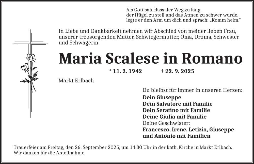  Traueranzeige für Maria Scalese vom 25.09.2025 aus Neustadt/ Scheinfeld/ Uffenheim