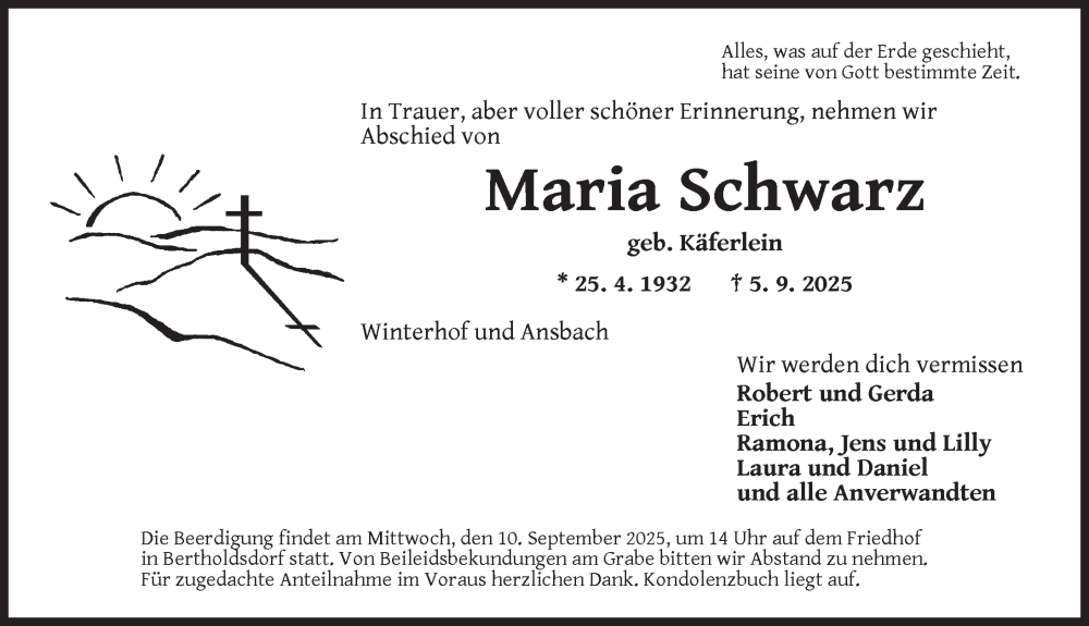  Traueranzeige für Maria Schwarz vom 09.09.2025 aus Ansbach