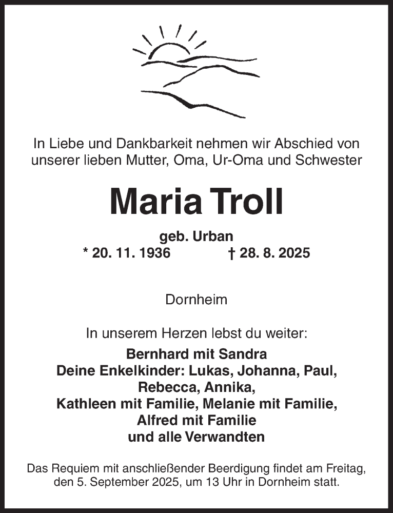  Traueranzeige für Maria Troll vom 03.09.2025 aus Neustadt/ Scheinfeld/ Uffenheim