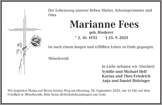 Traueranzeige von Marianne Fees von Dinkelsbühl/ Feuchtwangen