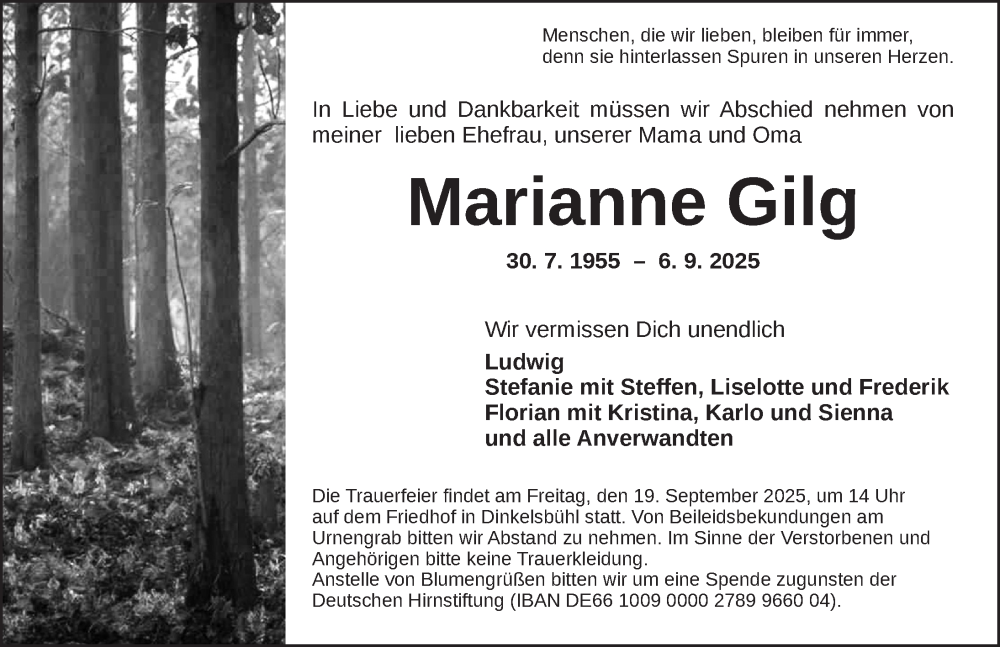  Traueranzeige für Marianne Gilg vom 13.09.2025 aus Dinkelsbühl/ Feuchtwangen
