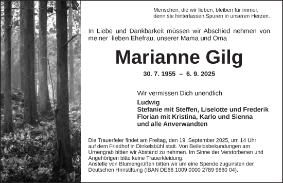 Traueranzeige von Marianne Gilg von Dinkelsbühl/ Feuchtwangen