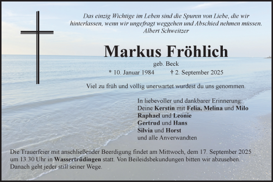 Traueranzeige von Markus Fröhlich von Dinkelsbühl/ Feuchtwangen
