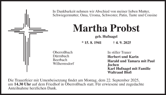 Traueranzeige von Martha Probst von Neustadt/ Scheinfeld/ Uffenheim