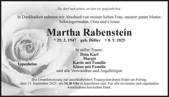Traueranzeige von Martha Rabenstein von Neustadt/ Scheinfeld/ Uffenheim