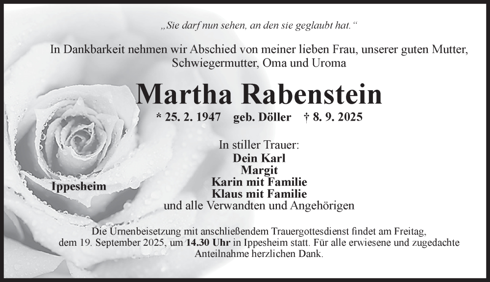  Traueranzeige für Martha Rabenstein vom 17.09.2025 aus Neustadt/ Scheinfeld/ Uffenheim
