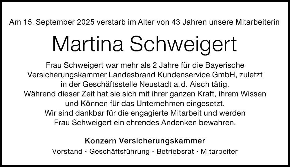  Traueranzeige für Martina Schweigert vom 27.09.2025 aus GE