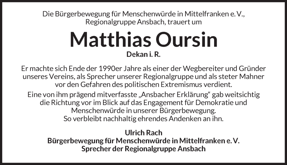  Traueranzeige für Matthias Oursin vom 15.09.2025 aus GE