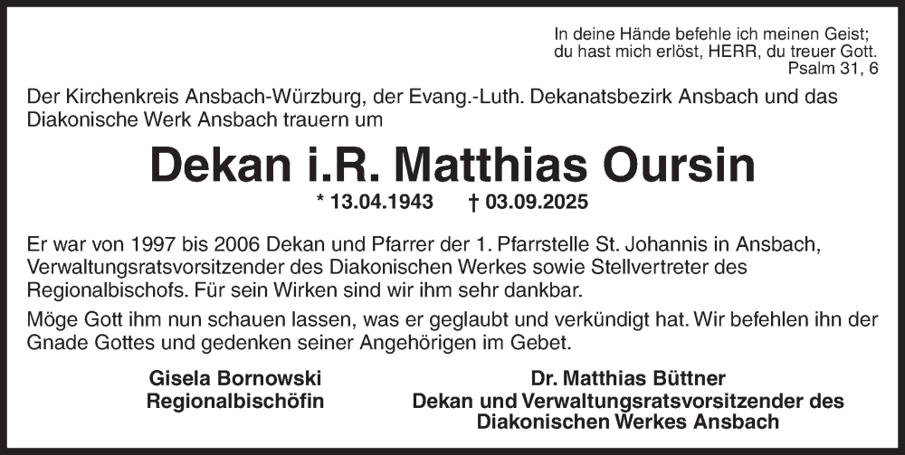  Traueranzeige für Matthias Oursin vom 13.09.2025 aus Ansbach