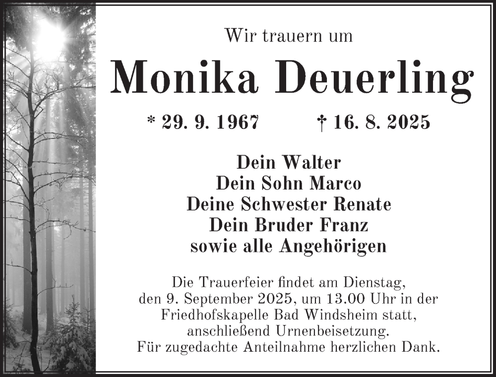  Traueranzeige für Monika Deuerling vom 06.09.2025 aus Neustadt/ Scheinfeld/ Uffenheim