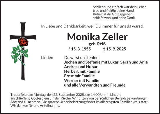 Traueranzeige von Monika Zeller von Neustadt/ Scheinfeld/ Uffenheim