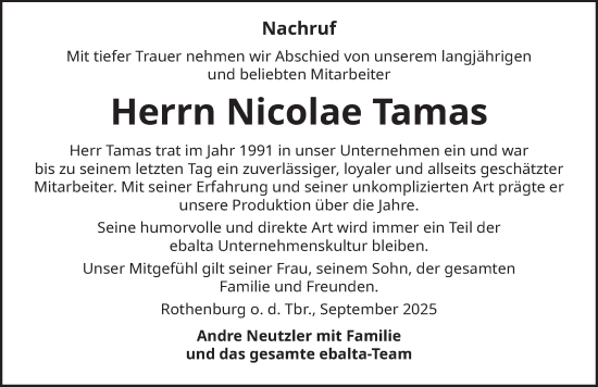 Traueranzeige von Nicolae Tamas von Rothenburg