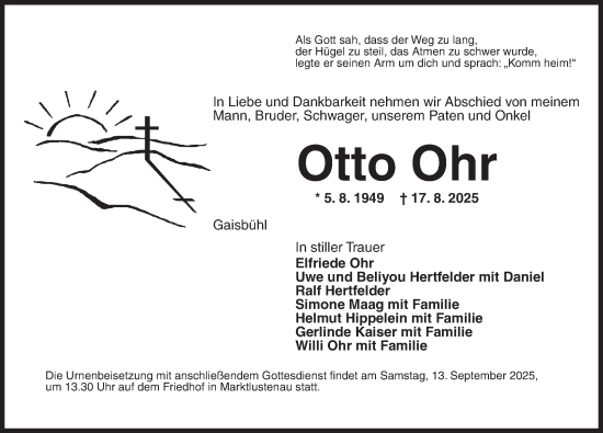 Traueranzeige von Otto Ohr von Dinkelsbühl/ Feuchtwangen