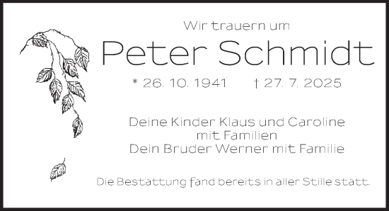 Traueranzeige von Peter Schmidt von Ansbach