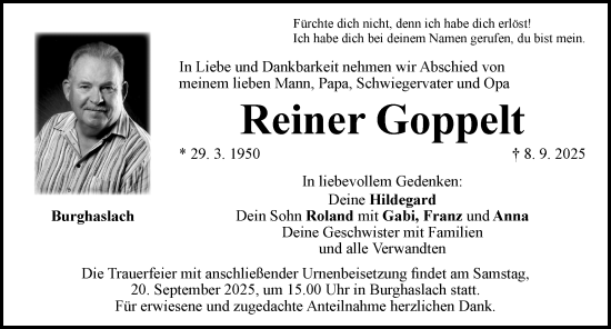 Traueranzeige von Reiner Goppelt von Neustadt/ Scheinfeld/ Uffenheim