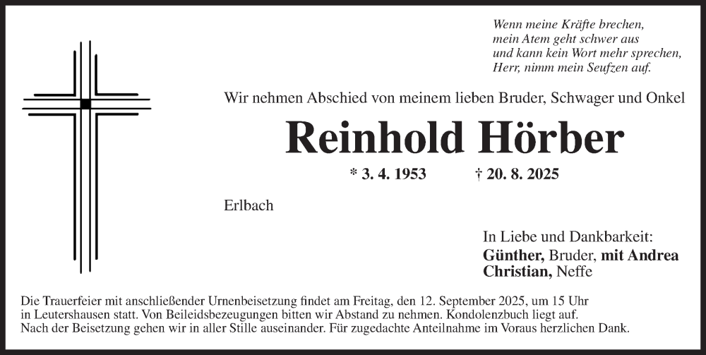  Traueranzeige für Reinhold Hörber vom 09.09.2025 aus Ansbach