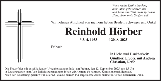 Traueranzeige von Reinhold Hörber von Ansbach