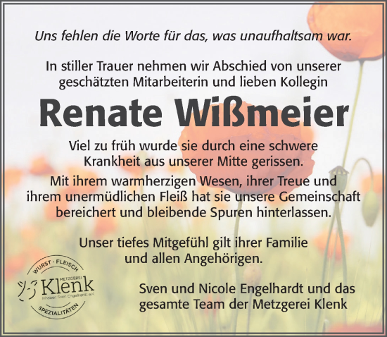 Traueranzeige von Renate Wißmeier von Ansbach