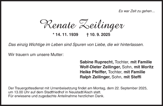 Traueranzeige von Renate Zeilinger von Neustadt/ Scheinfeld/ Uffenheim