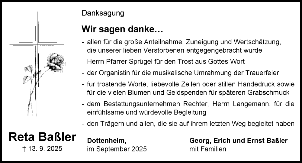  Traueranzeige für Reta Baßler vom 27.09.2025 aus Neustadt/ Scheinfeld/ Uffenheim