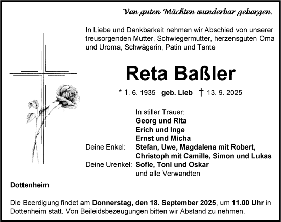 Traueranzeige von Reta Baßler von Neustadt/ Scheinfeld/ Uffenheim