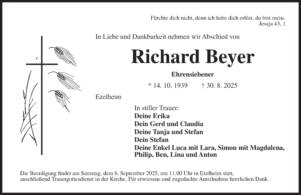  Traueranzeige für Richard Beyer vom 05.09.2025 aus Neustadt/ Scheinfeld/ Uffenheim