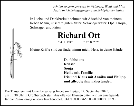 Traueranzeige von Richard Ott von Rothenburg