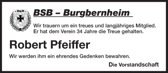 Traueranzeige von Robert Pfeiffer von Neustadt/ Scheinfeld/ Uffenheim