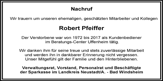 Traueranzeige von Robert Pfeiffer von Neustadt/ Scheinfeld/ Uffenheim