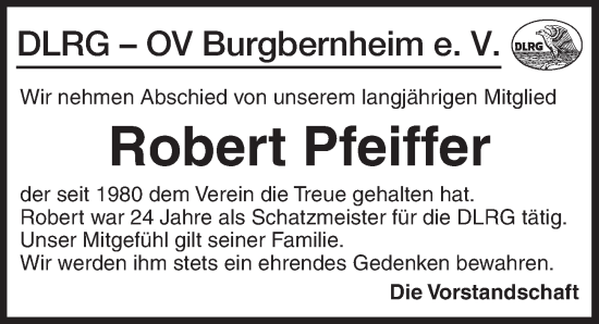 Traueranzeige von Robert Pfeiffer von Neustadt/ Scheinfeld/ Uffenheim