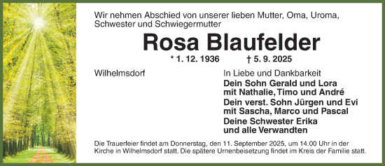 Traueranzeige von Rosa Blaufelder von Neustadt/ Scheinfeld/ Uffenheim