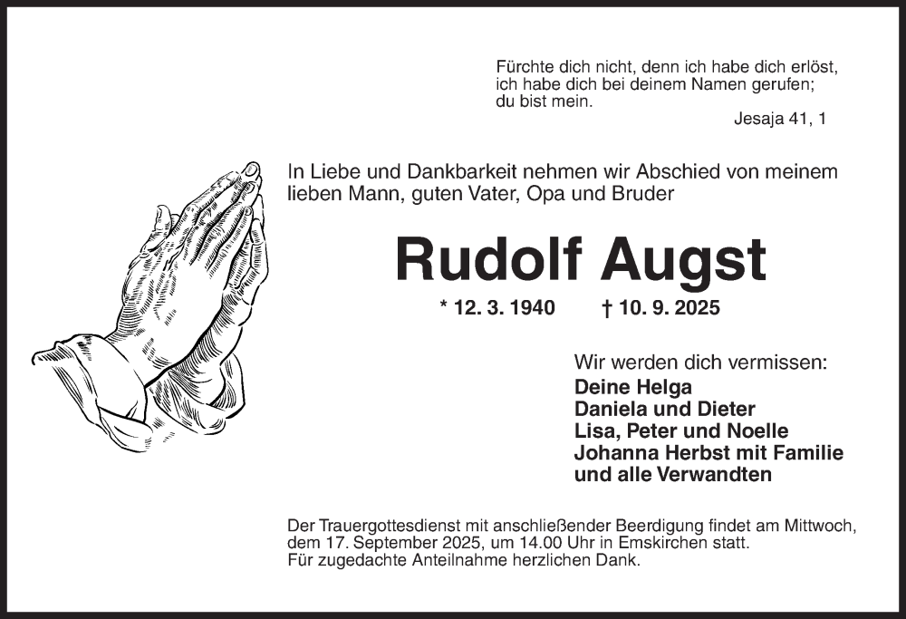 Traueranzeige für Rudolf Augst vom 15.09.2025 aus Neustadt/ Scheinfeld/ Uffenheim