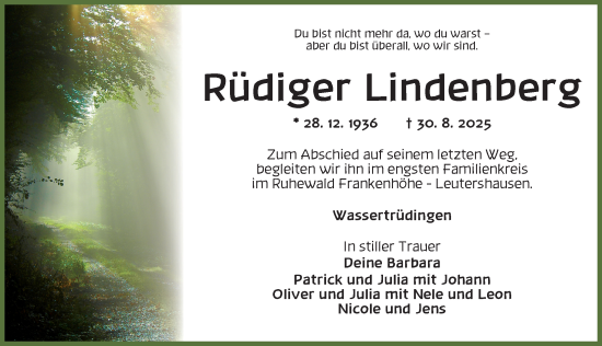 Traueranzeige von Rüdiger Lindenberg von Dinkelsbühl/ Feuchtwangen