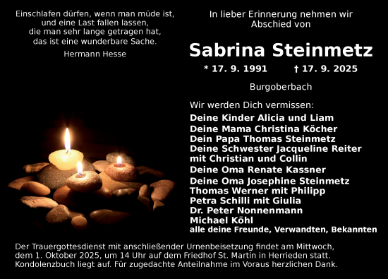 Traueranzeige von Sabrina Steinmetz von Ansbach