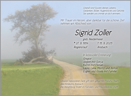 Traueranzeige von Sigrid Zoller von Dinkelsbühl/ Feuchtwangen