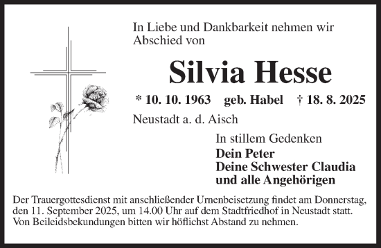 Traueranzeige von Silvia Hesse von Neustadt/ Scheinfeld/ Uffenheim