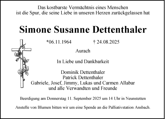 Traueranzeige von Simone Susanne Dettenthaler von Ansbach