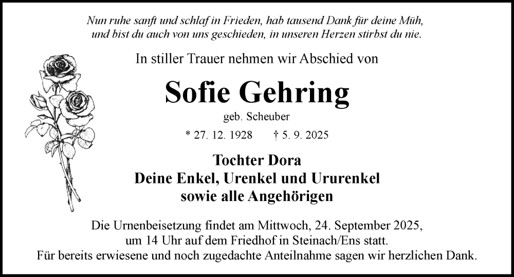  Traueranzeige für Sofie Gehring vom 20.09.2025 aus Rothenburg