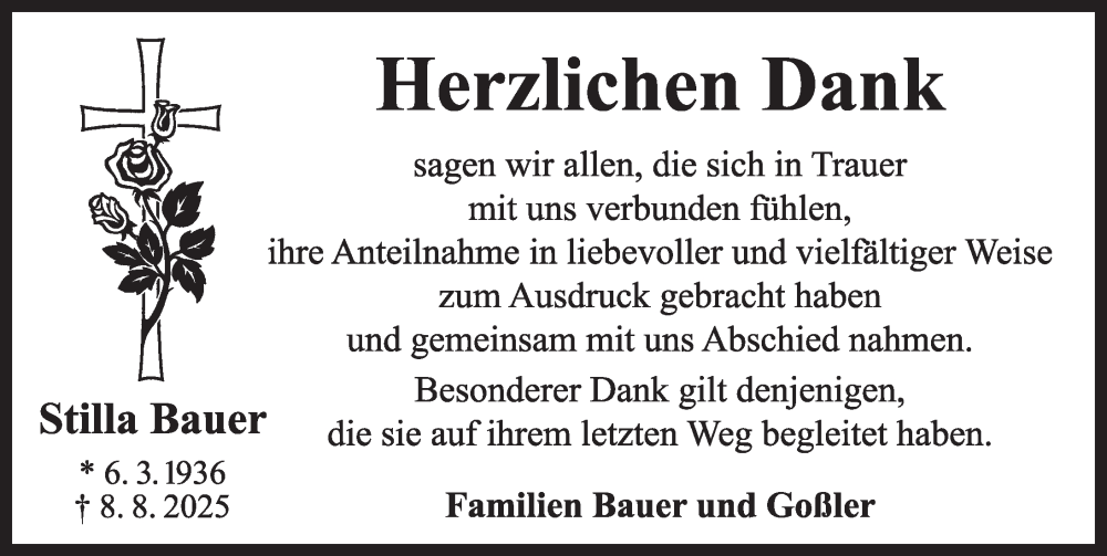  Traueranzeige für Stilla Bauer vom 20.09.2025 aus Neustadt/ Scheinfeld/ Uffenheim