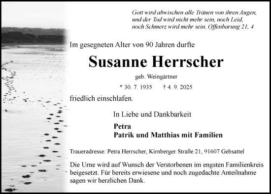 Traueranzeige von Susanne Herrscher von Rothenburg