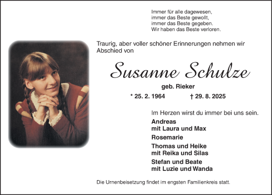 Traueranzeige von Susanne Schulze von Dinkelsbühl/ Feuchtwangen