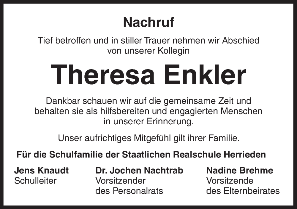  Traueranzeige für Theresa Enkler vom 27.09.2025 aus Dinkelsbühl/ Feuchtwangen