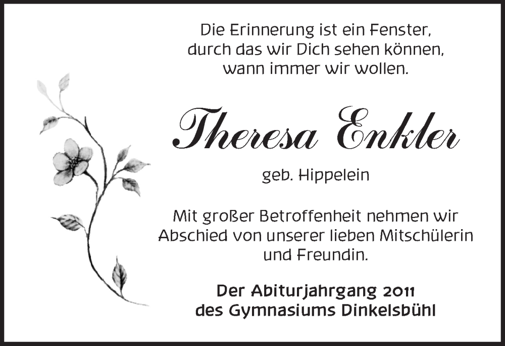  Traueranzeige für Theresa Enkler vom 29.09.2025 aus Dinkelsbühl/ Feuchtwangen